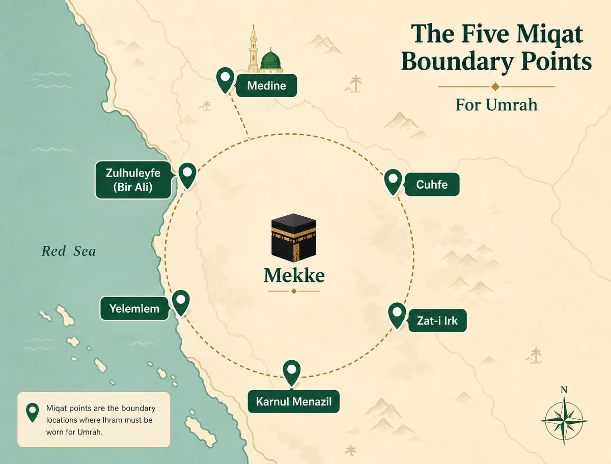 Mekke çevresindeki beş mikat sınır noktasını gösteren harita